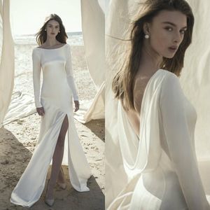 Eenvoudige sexy goedkope Alon Livne Bohemian Mermaid Wedding Jurken Lange mouwen Hoge splitsing Backless Bridal Jury Sweep Train Beach Robe Vestidos