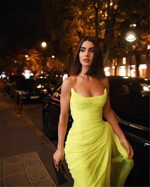 Vestidos de Noche amarillos con tubo sencillo, vestidos largos de graduación con abertura lateral, vestidos de noche plisados de gasa para mujer 309k