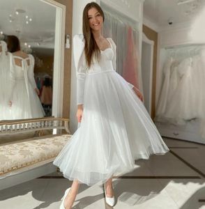 Robe De mariée courte Simple, manches longues, longueur thé, en Satin et Tulle, robes De fête De mariée, 2024