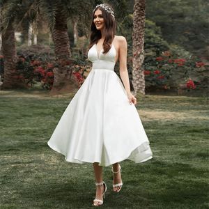 Eenvoudige Korte Trouwjurk Voor Vrouwen Nieuwe Civiele A-lijn V-hals Spaghettibandjes Bridal Party Gown Thee-lengte vestidos De Novias