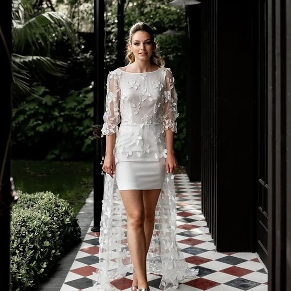 Robe de mariée courte simple avec train fleurs 3D dentelle appliques dos nu longueur de plancher trois quarts robe de mariée pour les femmes vestidos de novia