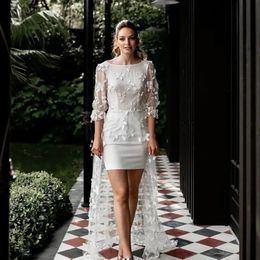 Simple Short Wedding Dress With Train Lace Appliques Backless Floor Length Three Quarter Bridal Party Gown For Women Vestido De Novia Robe Mariee