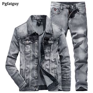 Conjuntos simples de 2 piezas de color gris ahumado para hombre Chaqueta de mezclilla de manga larga ajustada y pantalones vaqueros Traje de mezclilla informal de negocios de primavera y otoño