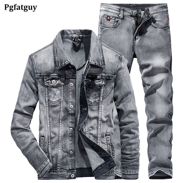 Simple gris fumé hommes 2 pièces ensembles coupe ajustée à manches longues Denim veste et jean printemps automne affaires décontracté Denim costume