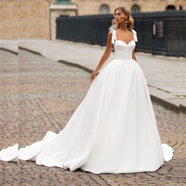 Robe de mariée ligne A en Satin doux Simple, avec bretelles, Corset, avec nœud, robes de mariée pour mariée