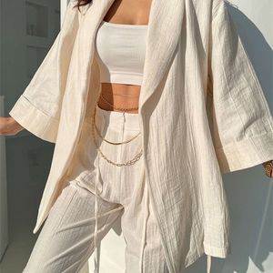 Simple solide coton confortable homewear costumes femmes printemps manteaux longs avec pantalon taille haute tenues rétro deux pièces ensembles kimono 220621