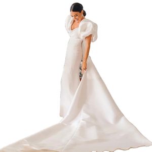 Eenvoudige massieve zeemeermin trouwjurken Ruches vierkante kraag puff mouwen bruidsjurk lange elastische bruid jurken