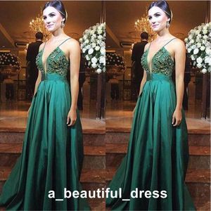 Eenvoudige spaghetti groene prom dresses met kralen vloer lengte lange prom jurken met mesh plunging nek avond pageant jurken ed1290