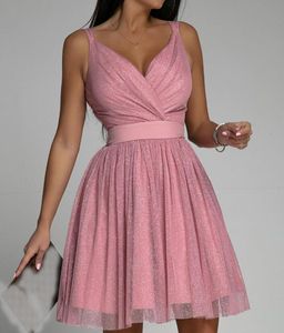 Vestidos de fiesta sencillos y brillantes con escote en V, Mini vestido de fiesta de tul con escote en forma de corazón, bata de cóctel para mujer, vestido de boda drapeado