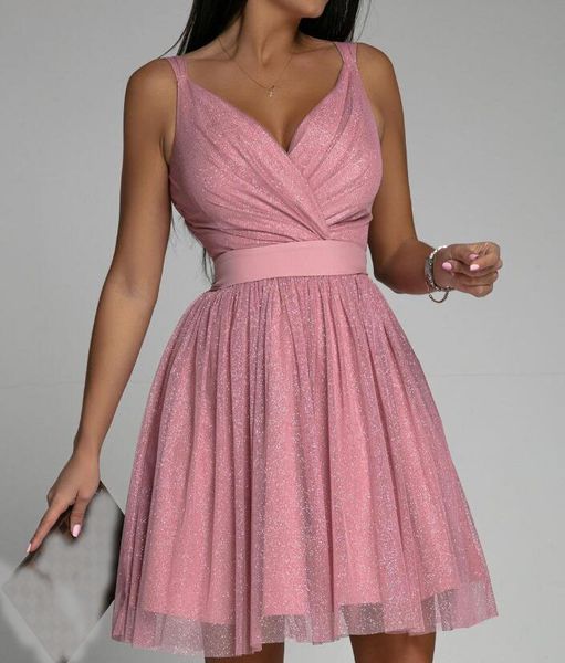 Robe de soirée trapèze Simple et scintillante, col en V, en Tulle, Mini Robe de soirée, drapée, pour Cocktail, Mariage