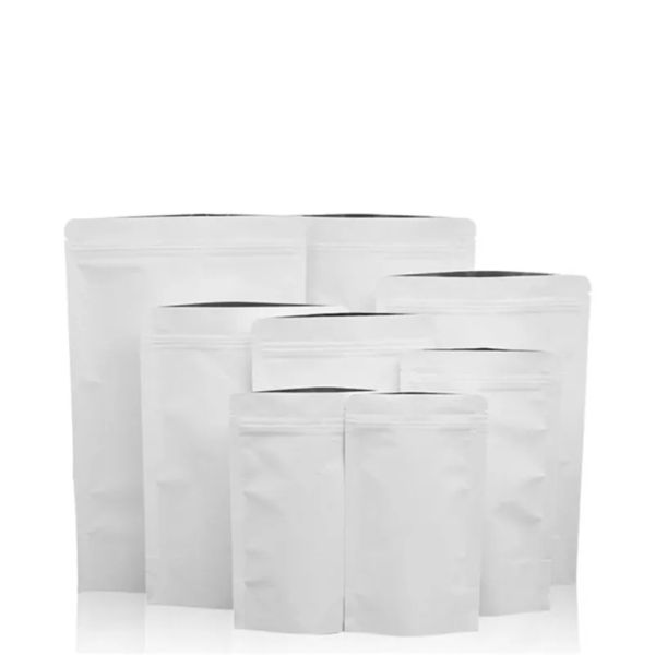 Bolsa de papel Kraft blanca de pie Simple, bolsa de embalaje de papel de aluminio, bolsas resellables a prueba de olores para aperitivos y té