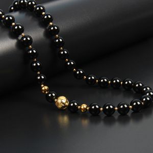 Eenvoudige steen sieraden 8mm zwarte onyx blauwe steen mannen kettingen roestvrij staal zilveren kralen choker unieke kralen ketting voor mannen cadeau