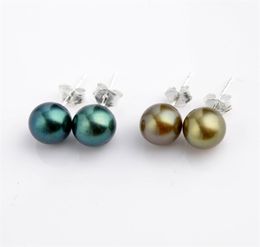 Étalons simples boucles d'oreille 925 ronde d'eau douce Peacock vert 78 mm perles sterling argent femmes bijoux 10 paires1404438