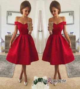 Style simple robes de cocktail rouges bon marché de l'épaule du genou en satin ruché une ligne de bal robes de fête 3756646