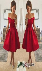 Estilo simple vestidos de cóctel rojo barato fuera de la rodilla de satén ruchada rocked una línea de fiesta de fiesta 9068353