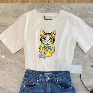 Camisa de manga corta con estampado de gato bonito de estilo sencillo con etiqueta para mujer, camisetas de algodón de verano con letras de alta calidad