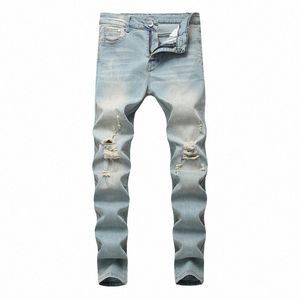 Style simple rétro solide trous maigre hommes jean pantalon élégant mâle déchiré Stretch Jogging pantalon Denim décontracté S7F2 #