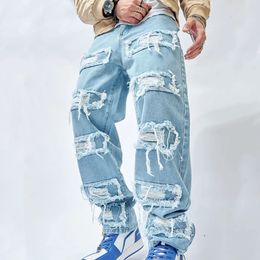 Eenvoudige Stijlvolle Mannen Ripped Patch Hip Hop Losse Jeans Broek Streetwear Mannelijke Rechte Denim Broek 240113