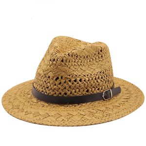 Eenvoudige topkwaliteit man Stro Sun Hat brim Strand Foldable Cap Big Bone Men Plus Size Summer Women Fedora Hat 240418