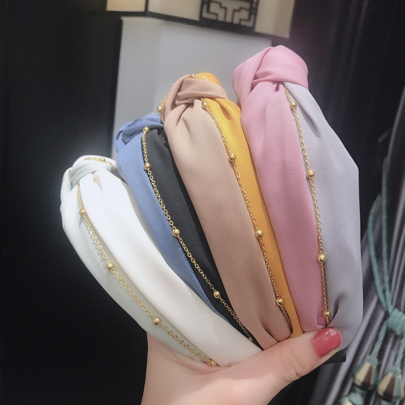 Simple Trendy Gold Chain Knot Headband Plain Color Twill Fabric Wide Cross Hairband Women Hair Accessories Hairbands