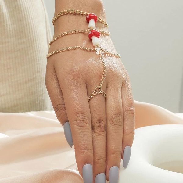 Simple moda señoras oro Color Metal multicapa dedo cadena pulseras para mujeres lindo rojo cerámica hongo pulsera joyería