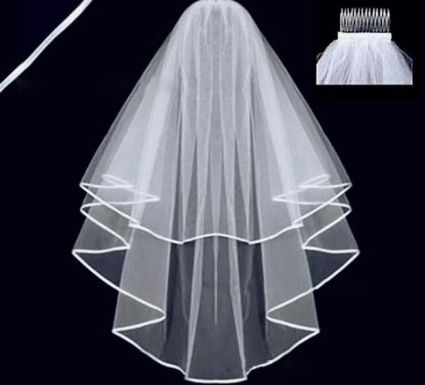 Simple Tulle blanc ivoire deux couches voiles de mariage ruban bord peigne pas cher accessoires de mariage court voile de mariée 2019 nouveau90984755932099