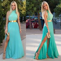 Simple Turquoise Mousseline De Soie Longues Robes De Bal 2016 Halter Haute Fente robe de soirée longue Drapée Or Ceinture Sash Soirée Graduation Robes