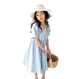 Eenvoudige V-hals Lange jurk leeftijd voor 4 - 16 jaar tienermeisjes prinses kostuum 2019 nieuwe zomer kleding groot meisje Chinese stijl jurken Q0716