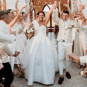 Eenvoudige Bruiloft 2023 Satijnen Jurken Bruidsjurk Strand Land Mouwloos Designer Sweep Trein Een Lijn Op Maat Gemaakt Grote Maten vestido de novia