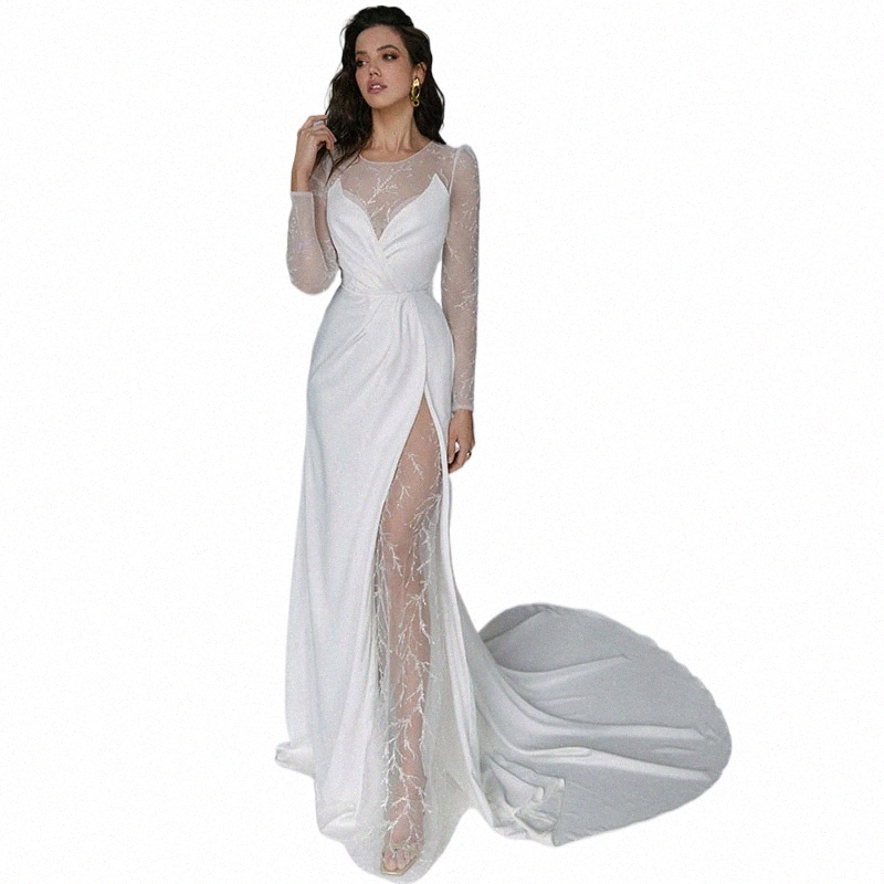Simples casamento Dres 2024 O pescoço vestidos de noiva bunda uma linha mangas inchadas Robe de Mariage Vestido de Novia até o chão personalizado Y4Gc #