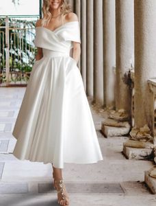 Robe De mariée Simple 2023 thé longueur a-ligne sans manches épaules dénudées Satin mariée robes De soirée nuptiale douche Robe De Mariage Boho