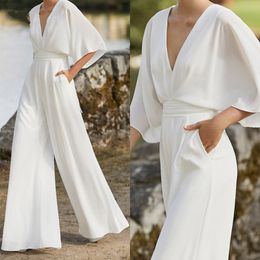 Eenvoudige trouwjurk klassieker boho kanten jumpsuit ontvangst bon jurken 2023 vrouwen zachte satijn v-neck strand pant suit vestidos de noiva