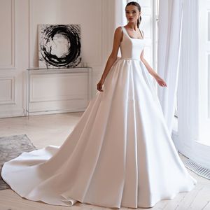 Vestido De novia sencillo con cuello cuadrado, vestido De baile con perlas sin mangas para iglesia, vestido De novia con cinturón y lazo con cordones, Vestidos De novia clásicos