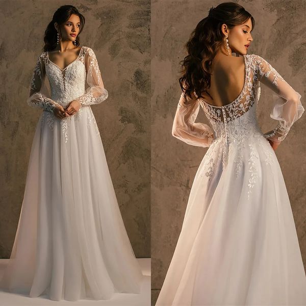 Robes de mariée simples en dentelle, avec des Appliques, ligne A, dos nu, manches longues, sur mesure, grande taille