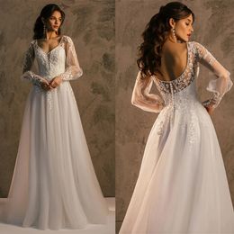 Eenvoudige bruiloft appliques bruidsjurken een lijn backless pure pure bruid jurken met lange mouwen op maat gemaakte plus maat