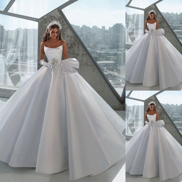 Vestido de novia con lazo blanco sencillo vestido de baile hecho a medida moda satén hasta el suelo vestidos de novia para iglesia