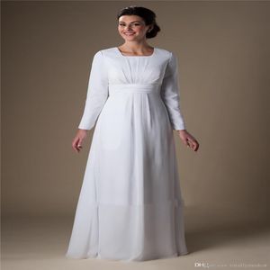 Simple blanc en mousseline de soie Temple manches longues robes de mariée manches A-ligne étage longueur réception informelle robes de mariée répétition Din315E