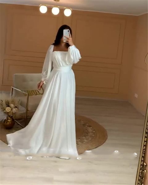 Vestidos de Noche de seda blancos sencillos, mangas largas hinchadas, cuello cuadrado, Dubái, vestidos de graduación formales para mujer, vestido de fiesta de talla grande 2022