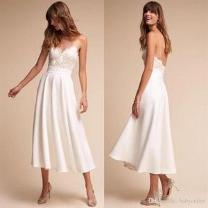 Robes de mariée longueur thé blanc simple une ligne bretelles spaghetti dentelle appliques haut été plage robes de mariée boho robe de mariee265k