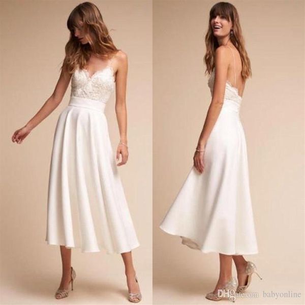 Robes de mariée longueur thé blanc simple une ligne bretelles spaghetti dentelle appliques haut plage d'été robes de mariée boho robe de mariee271P