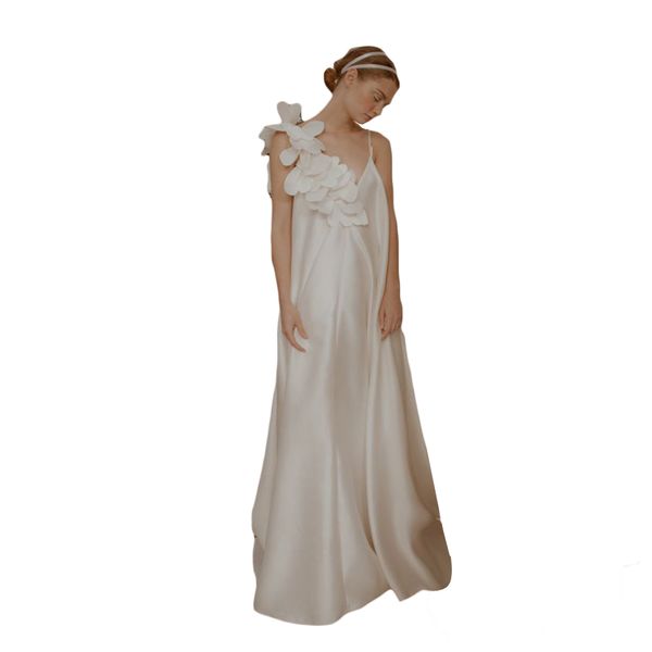 Vestidos de novia blancos simples con cuello en V Flor grande charmeuse Vestido de novia Sin mangas Venta caliente Tren de barrido Vestidos de novia por encargo Venta caliente