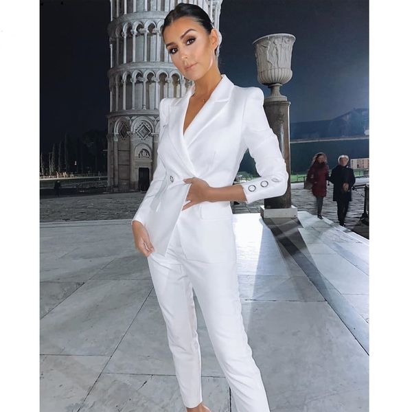 Simple blanc femmes Blazer robes de soirée costumes Sexy col en V Double boutonnage tenue de bureau formelle dame pantalon costume 2 pièces robes de soirée de bal (veste + pantalon)