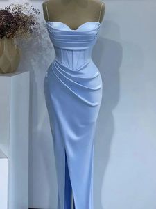 Robe de soirée simple pour femmes, bleu ciel, bretelles spaghetti, fente latérale, longueur cheville, robes de bal formelles, 2024