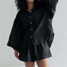 Short féminin simple Set Button Shirts Suit 100% Coton Pajamas Spring Summer Tenues Black Fin Casual Woose Home Clothes 240412