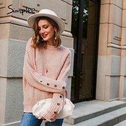 Simplee herfst winter o-hals vrouwen gebreide trui casual lange mouw knop vrouwelijke trui mode losse dames trui jumper LJ201113