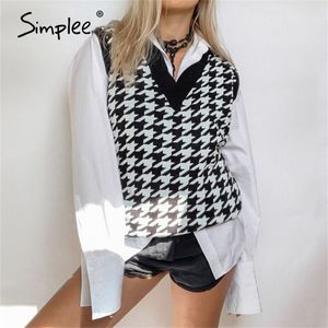 Noir blanc pull à carreaux gilet femmes pulls tricotés décontractés femme automne style coréen gilet pull ample hauts 201224