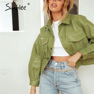 Simplee Casual veste en faux cuir femmes mode vert moto poche femme manteau en cuir haute rue courte dames vestes LJ200813