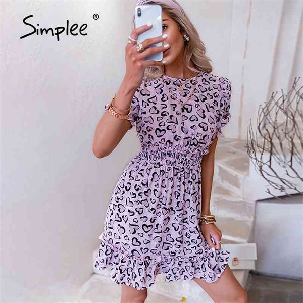 Simplee Casual Imprimer Robe d'été à volants Femmes Manches courtes Puffy A-Line Robes courtes Dames Robe de bureau pourpre élégante 210331