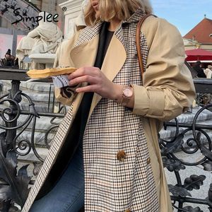 Simplee Casual Light Tan Automne Femmes Trench Coat Split Joint Élégant Manteau à manches longues Plaid Long manteau avec ceinture coupe-vent 210218