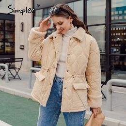 Simplee Causal Sólido Blanco Otoño Invierno Mujeres Parkas Cálido Soporte Cuello Manga Larga Chaqueta Femenina High Street Down Chaquetas 210203